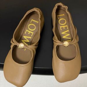 Loewe Tan Leather Mary Jane Ballet Flats with Gold Button